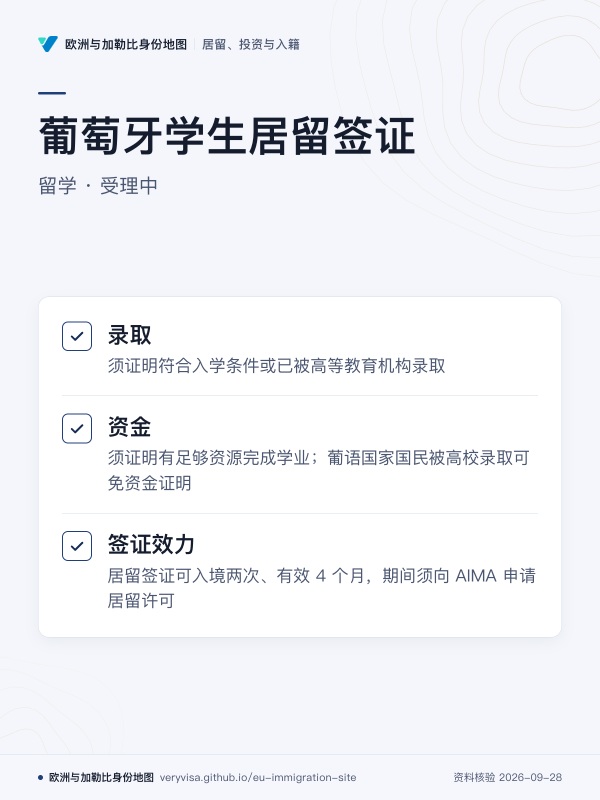 葡萄牙学生居留签证；留学 · 受理中；录取；资金；签证效力