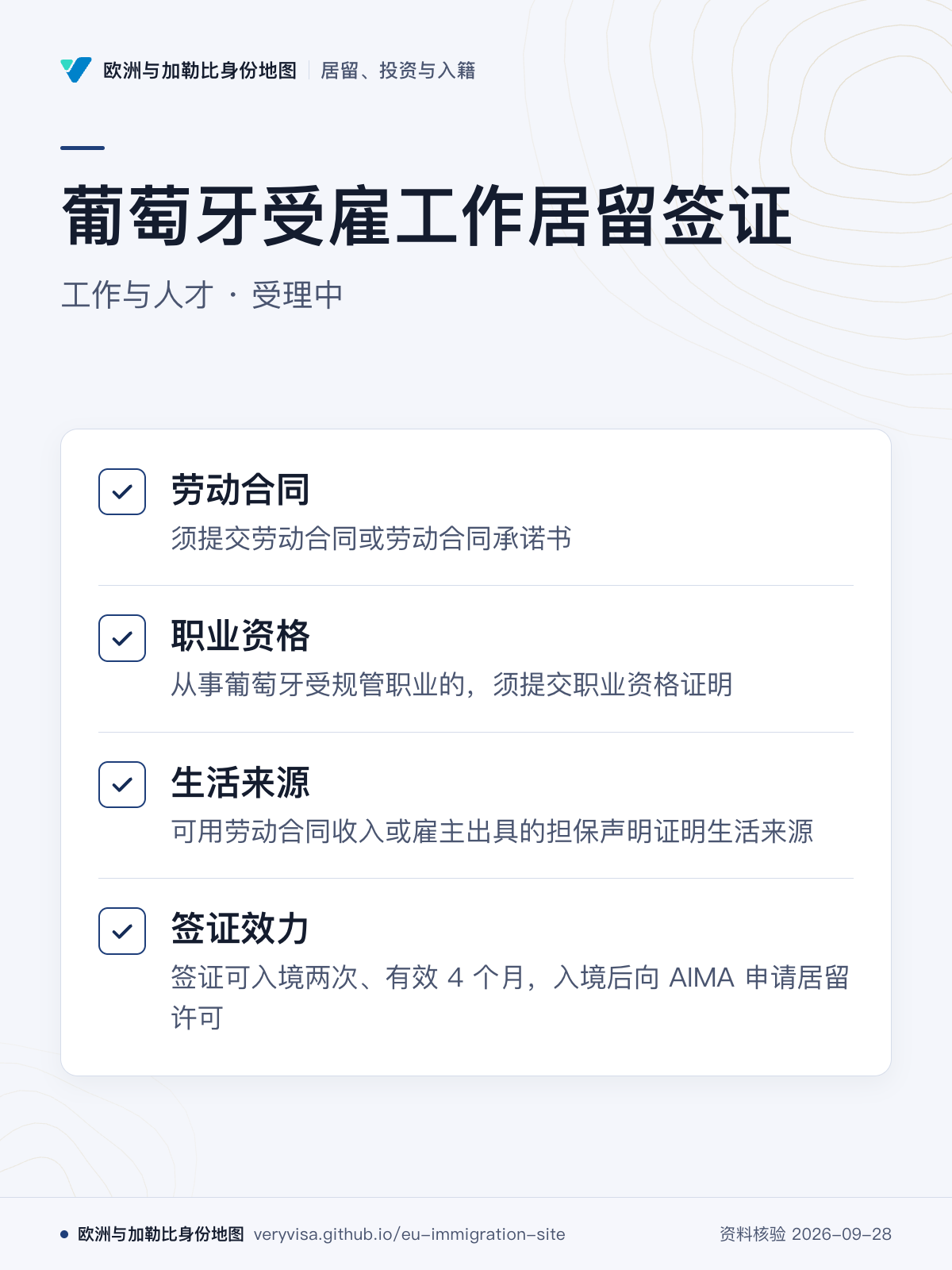 葡萄牙受雇工作居留签证；工作与人才 · 受理中；劳动合同；职业资格；生活来源；签证效力