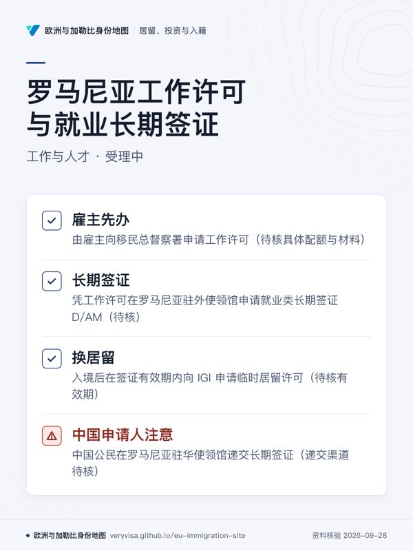 罗马尼亚工作许可与就业长期签证;工作与人才 · 受理中;雇主先办;长期签证;换居留;中国申请人注意