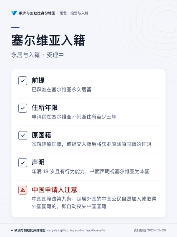 塞尔维亚入籍;永居与入籍 · 受理中;前提;住所年限;原国籍;声明;中国申请人注意