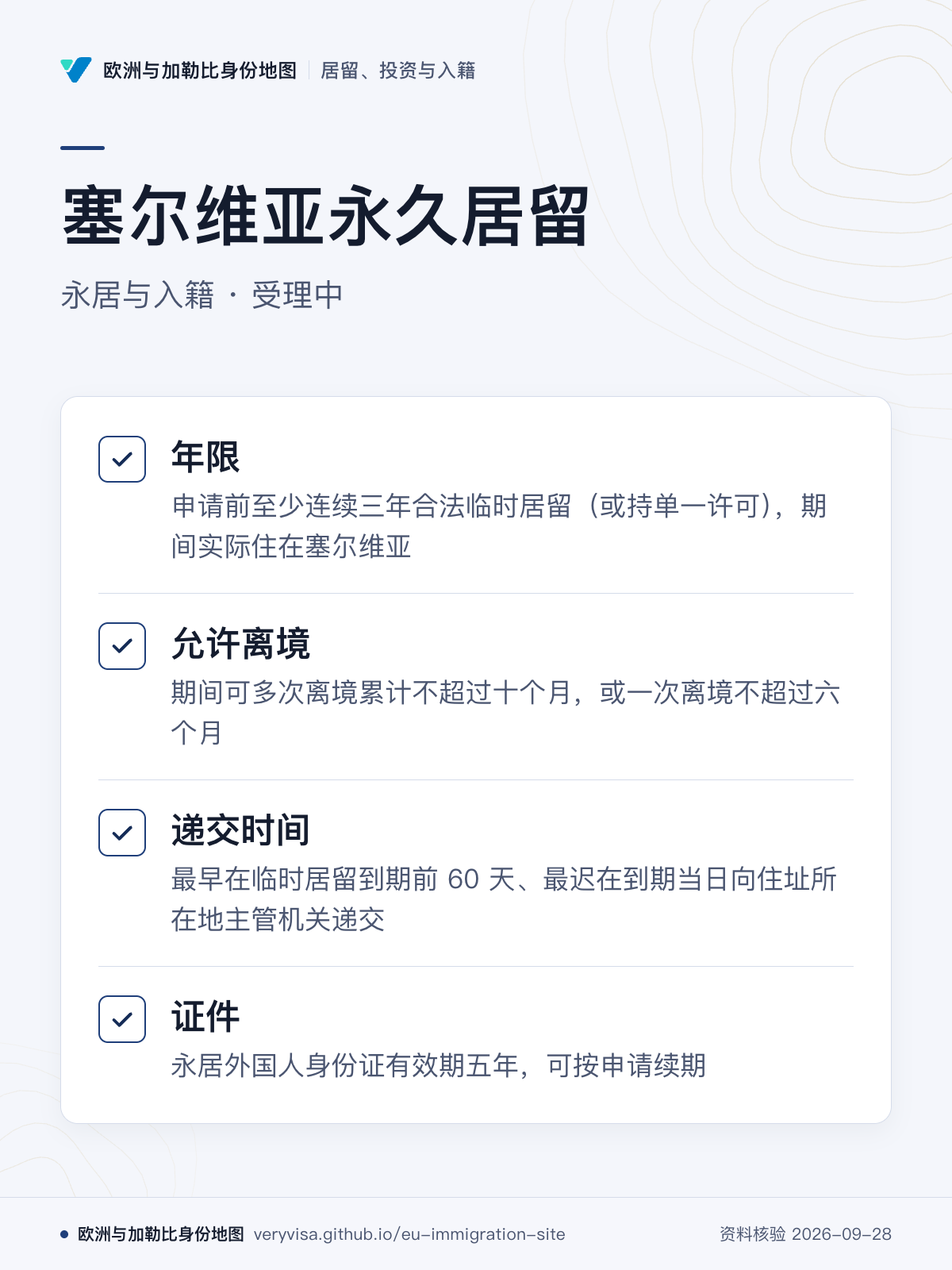 塞尔维亚永久居留；永居与入籍 · 受理中；年限；允许离境；递交时间；证件