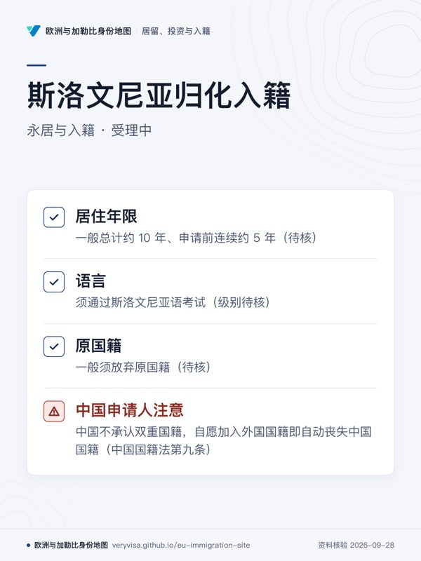 斯洛文尼亚归化入籍;永居与入籍 · 受理中;居住年限;语言;原国籍;中国申请人注意