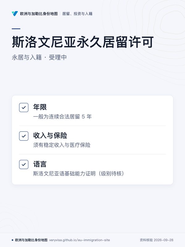 斯洛文尼亚永久居留许可;永居与入籍 · 受理中;年限;收入与保险;语言