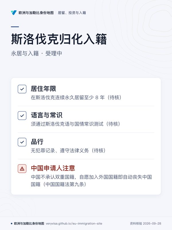 斯洛伐克归化入籍;永居与入籍 · 受理中;居住年限;语言与常识;品行;中国申请人注意