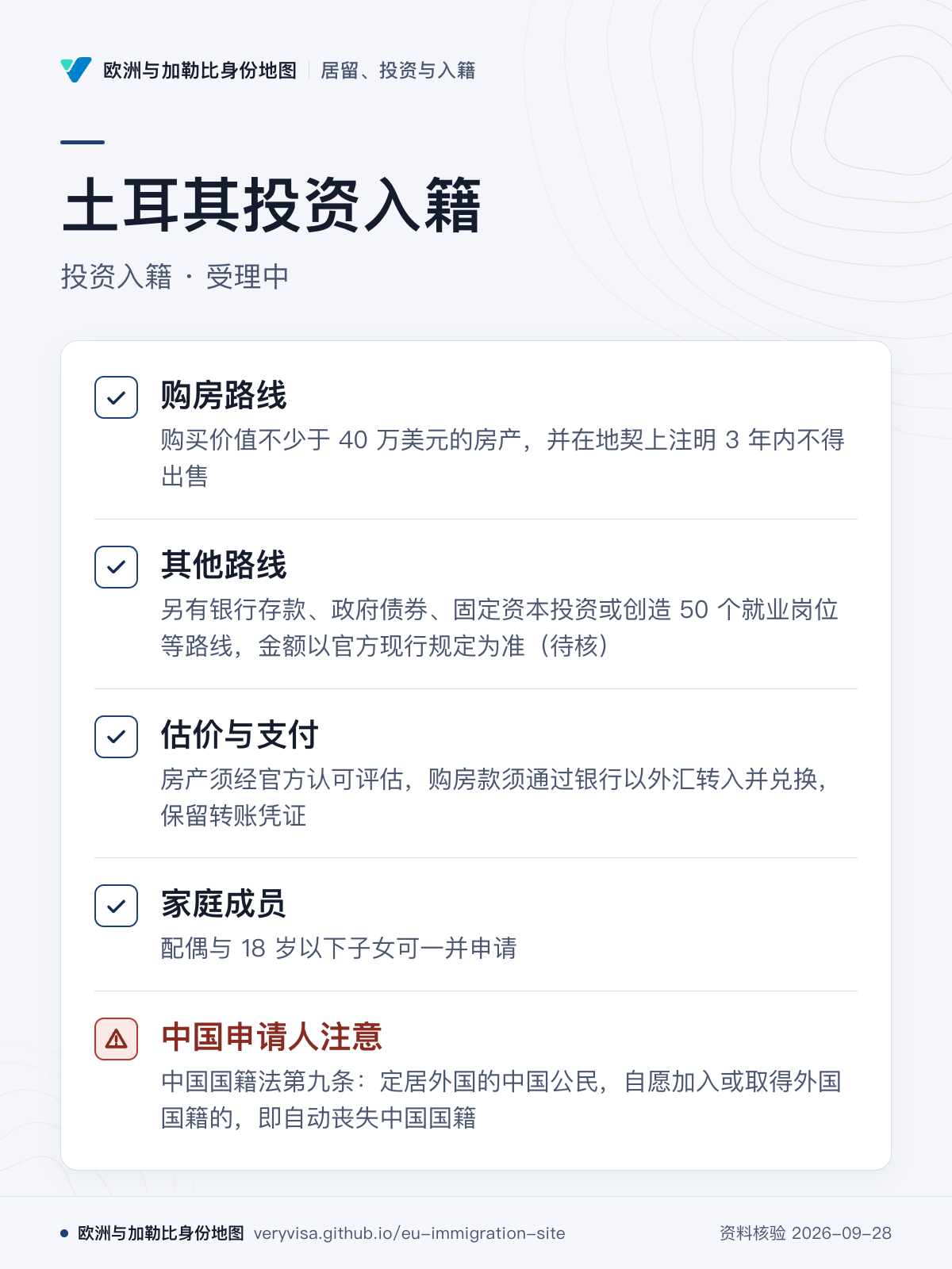 土耳其投资入籍；投资入籍 · 受理中；购房路线；其他路线；估价与支付；家庭成员；中国申请人注意