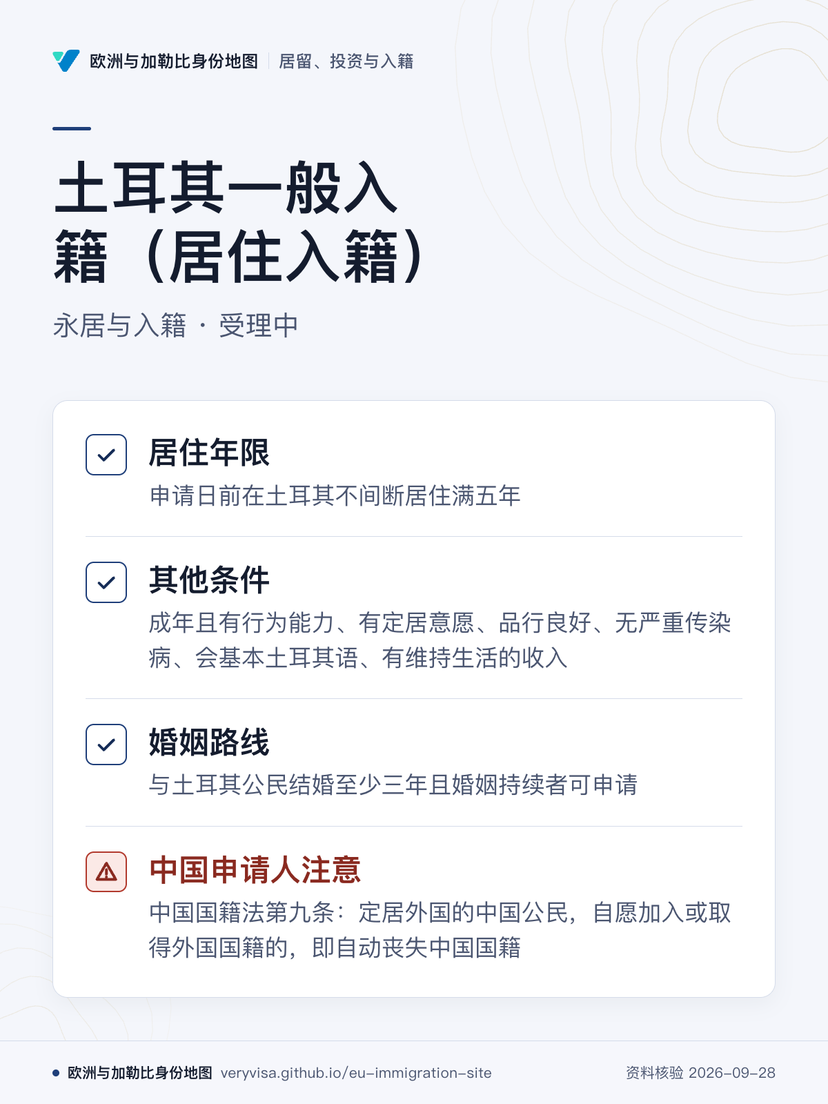 土耳其一般入籍（居住入籍）；永居与入籍 · 受理中；居住年限；其他条件；婚姻路线；中国申请人注意