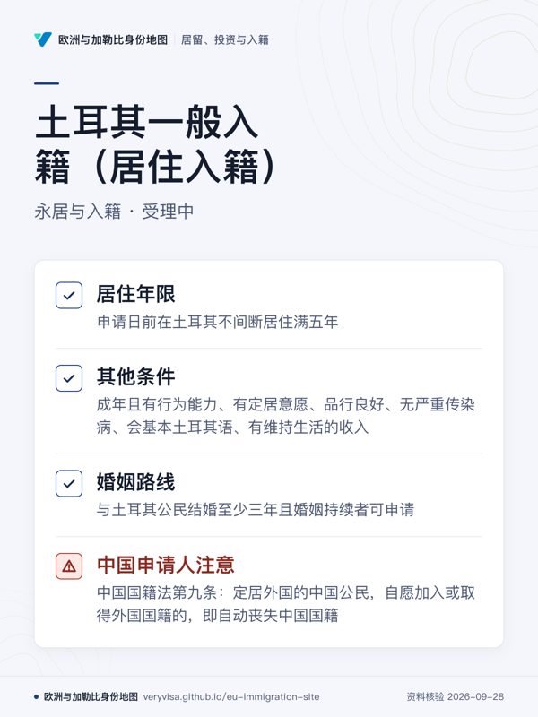 土耳其一般入籍(居住入籍);永居与入籍 · 受理中;居住年限;其他条件;婚姻路线;中国申请人注意