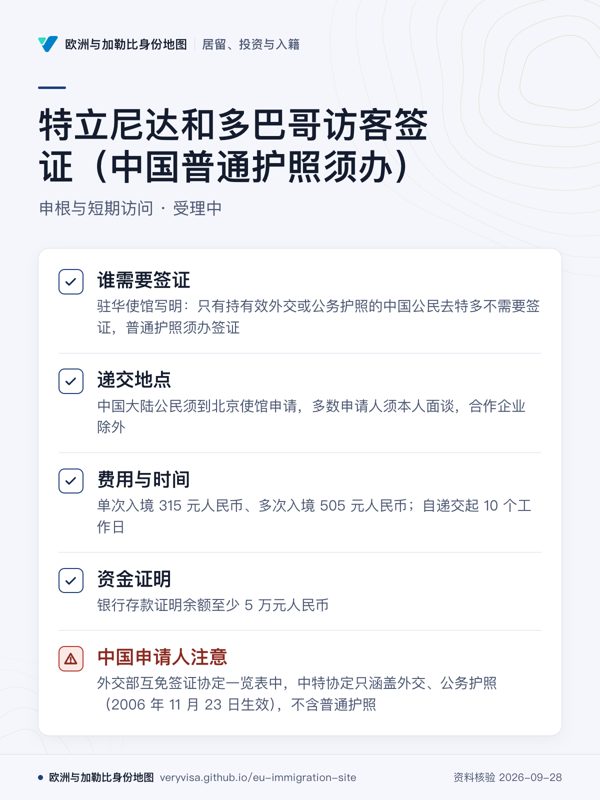 特立尼达和多巴哥访客签证(中国普通护照须办);申根与短期访问 · 受理中;谁需要签证;递交地点;费用与时间;资金证明;中国申请人注意
