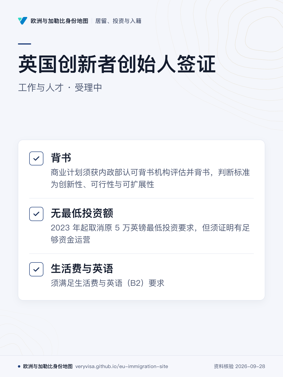 英国创新者创始人签证；工作与人才 · 受理中；背书；无最低投资额；生活费与英语