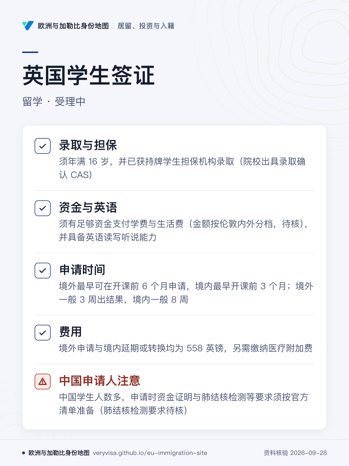 英国学生签证；留学 · 受理中；录取与担保；资金与英语；申请时间；费用；中国申请人注意