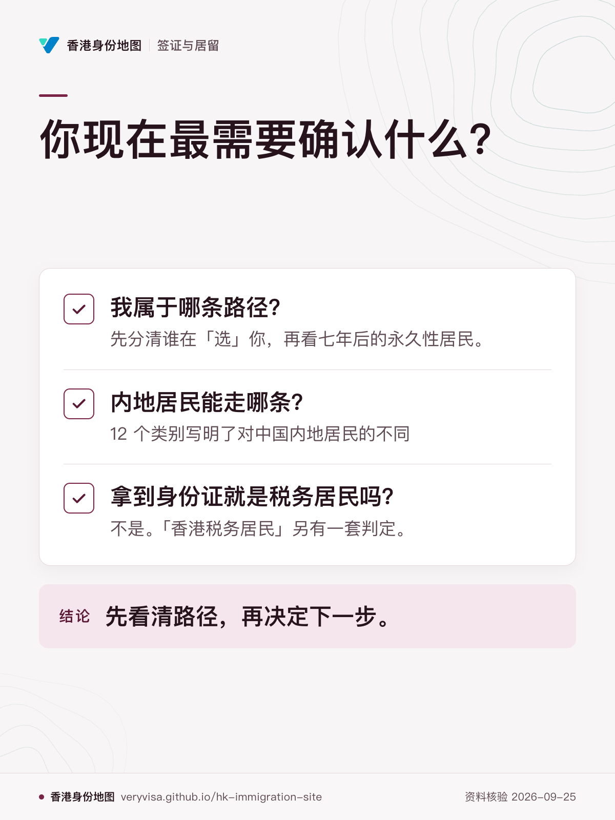 你现在最需要确认什么？；我属于哪条路径？；内地居民能走哪条？；拿到身份证就是税务居民吗？；先看清路径，再决定下一步。