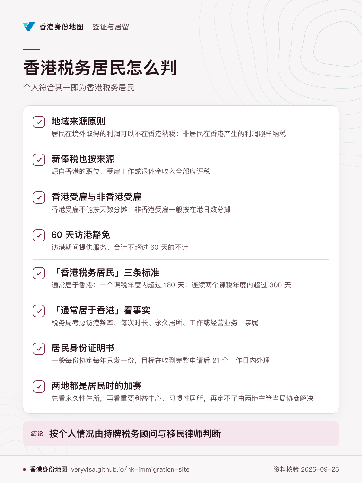 香港税务居民怎么判；个人符合其一即为香港税务居民；地域来源原则；薪俸税也按来源；香港受雇与非香港受雇；60 天访港豁免；「香港税务居民」三条标准；「通常居于香港」看事实；居民身份证明书；两地都是居民时的加赛；按个人情况由持牌税务顾问与移民律师判断