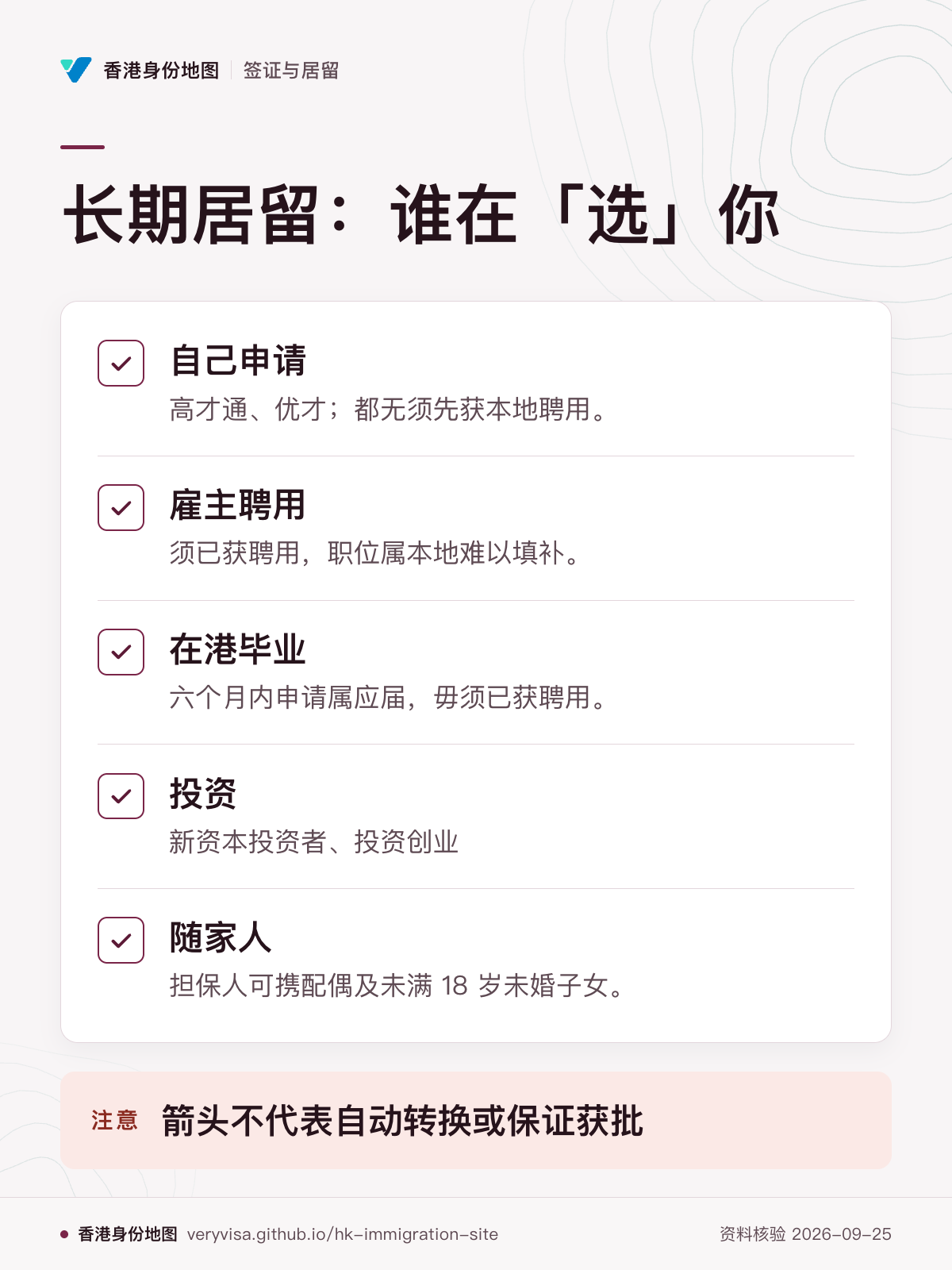 长期居留：谁在「选」你；自己申请；雇主聘用；在港毕业；投资；随家人；箭头不代表自动转换或保证获批