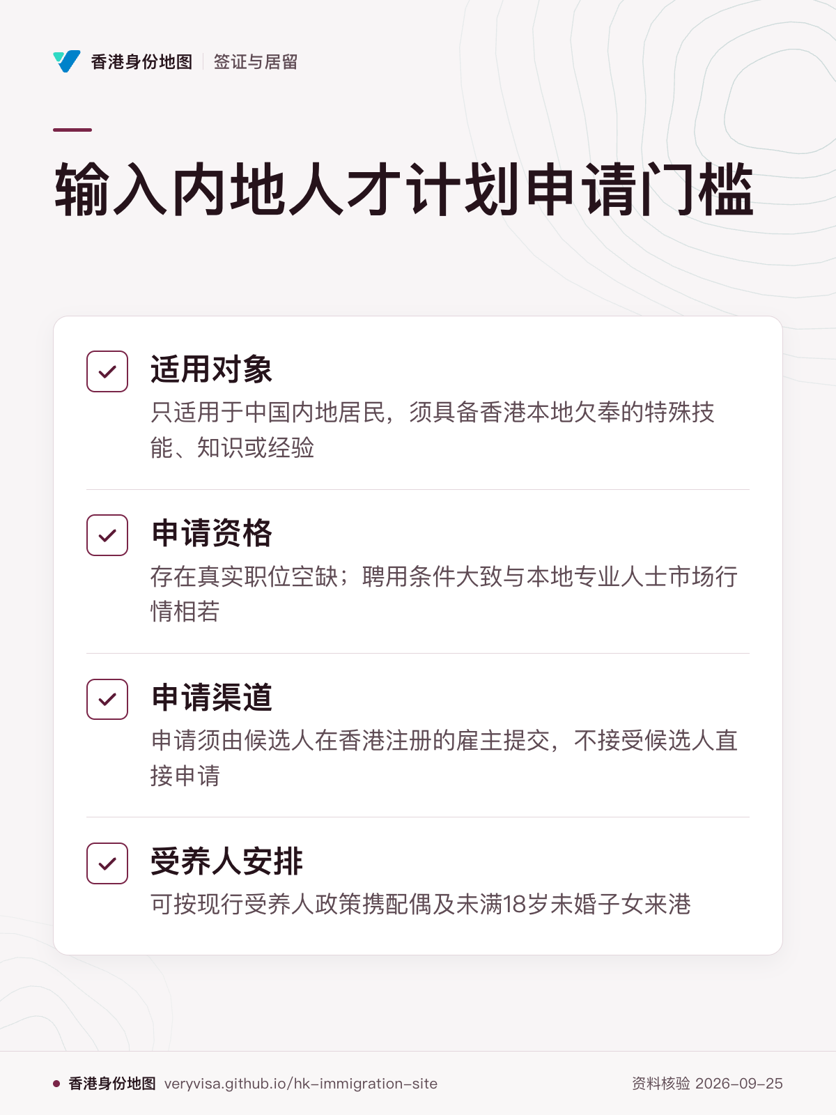 输入内地人才计划申请门槛；适用对象；申请资格；申请渠道；受养人安排