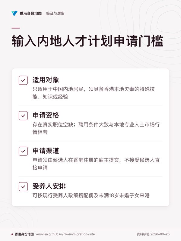 输入内地人才计划申请门槛;适用对象;申请资格;申请渠道;受养人安排