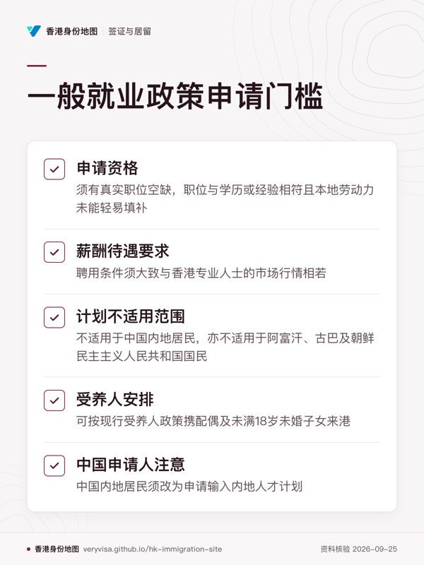 一般就业政策申请门槛;申请资格;薪酬待遇要求;计划不适用范围;受养人安排;中国申请人注意
