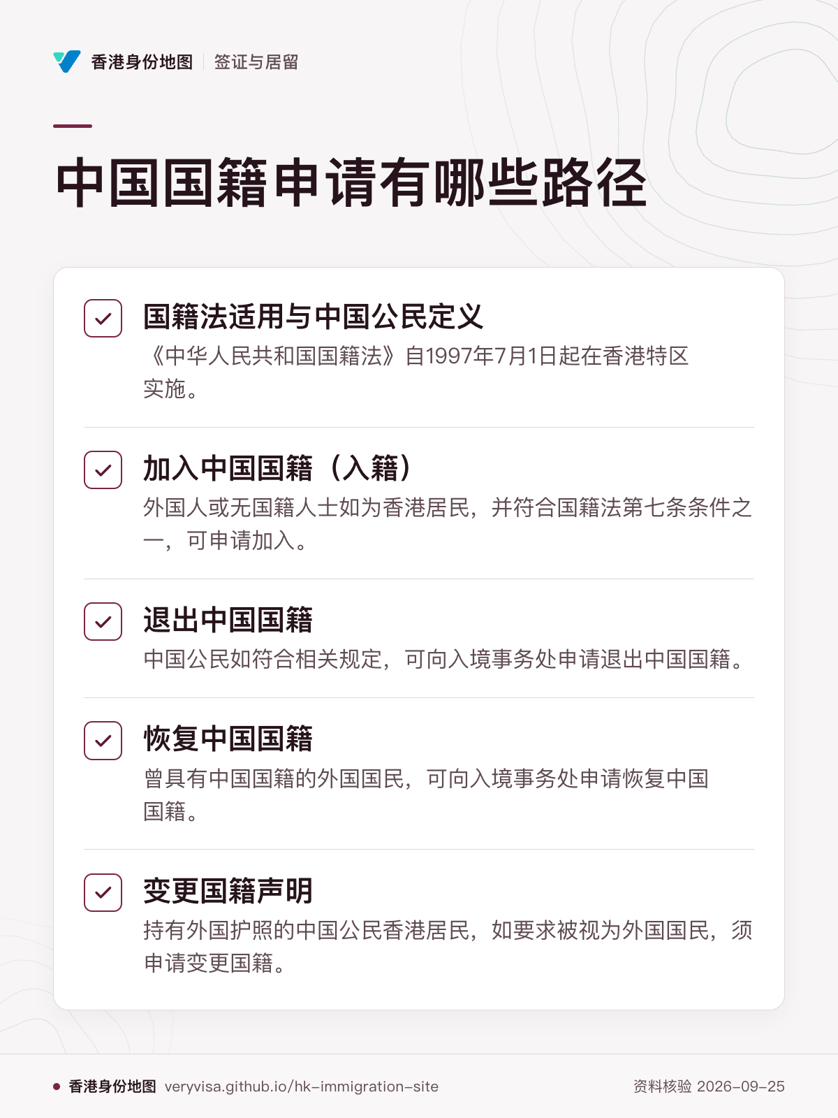 中国国籍申请有哪些路径；国籍法适用与中国公民定义；加入中国国籍（入籍）；退出中国国籍；恢复中国国籍；变更国籍声明