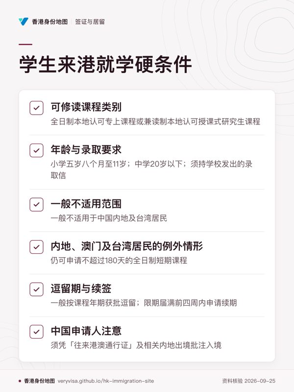 学生来港就学硬条件;可修读课程类别;年龄与录取要求;一般不适用范围;内地、澳门及台湾居民的例外情形;逗留期与续签;中国申请人注意