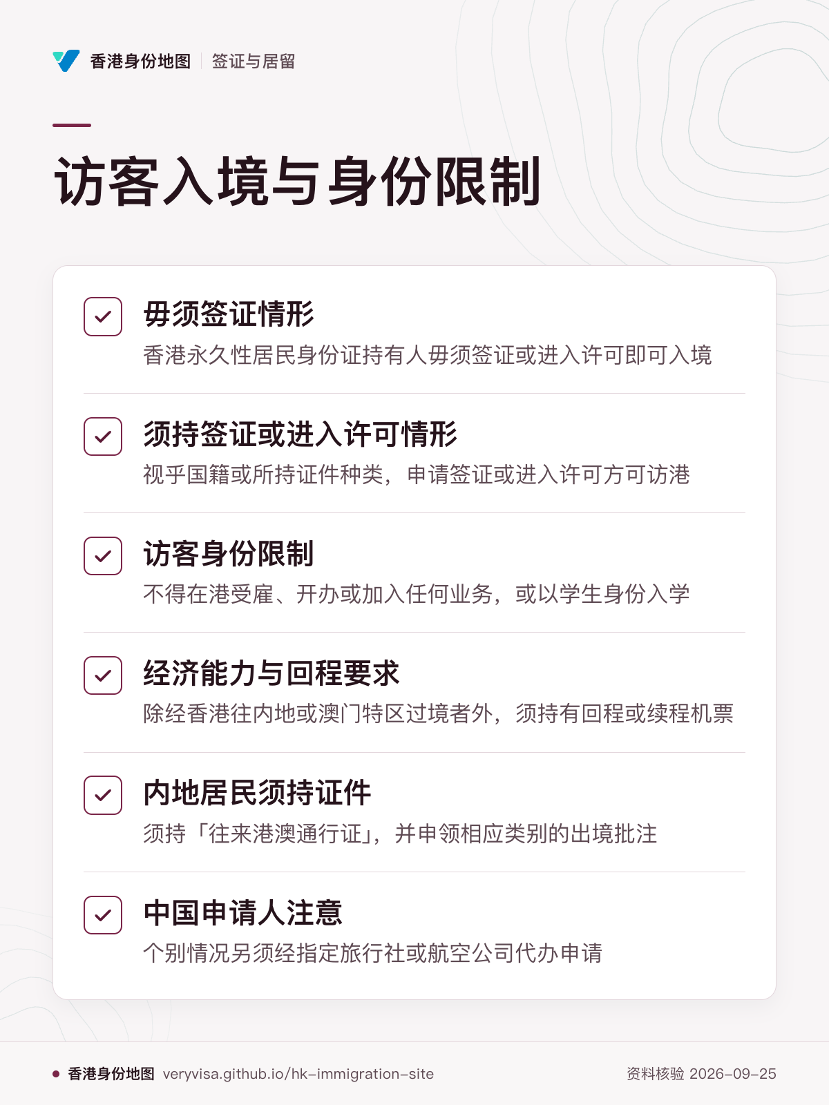 访客入境与身份限制；毋须签证情形；须持签证或进入许可情形；访客身份限制；经济能力与回程要求；内地居民须持证件；中国申请人注意