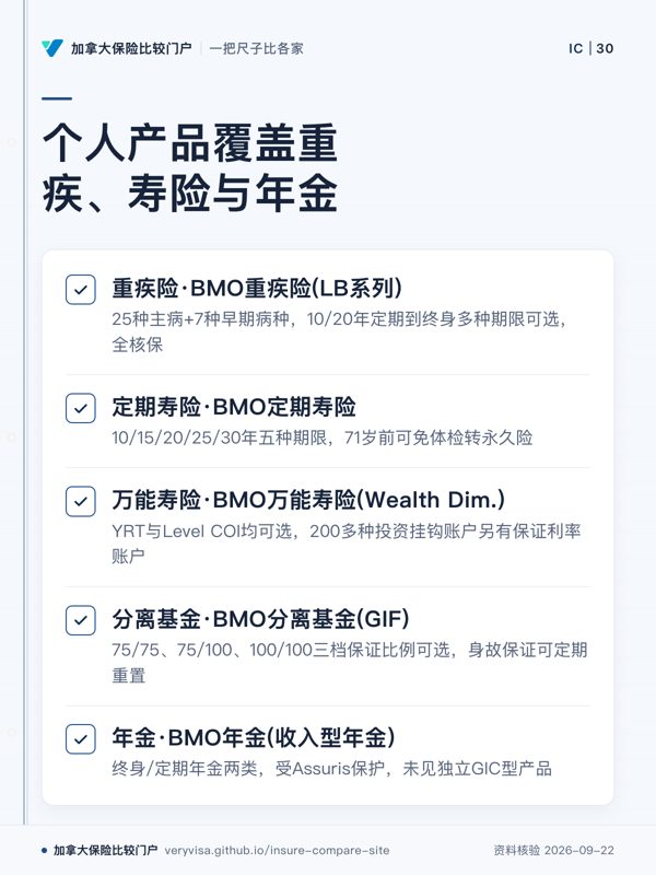 个人产品覆盖重疾、寿险与年金;重疾险·BMO重疾险(LB系列);定期寿险·BMO定期寿险;万能寿险·BMO万能寿险(Wealth Dim.);分离基金·BMO分离基金(GIF);年金·BMO年金(收入型年金)