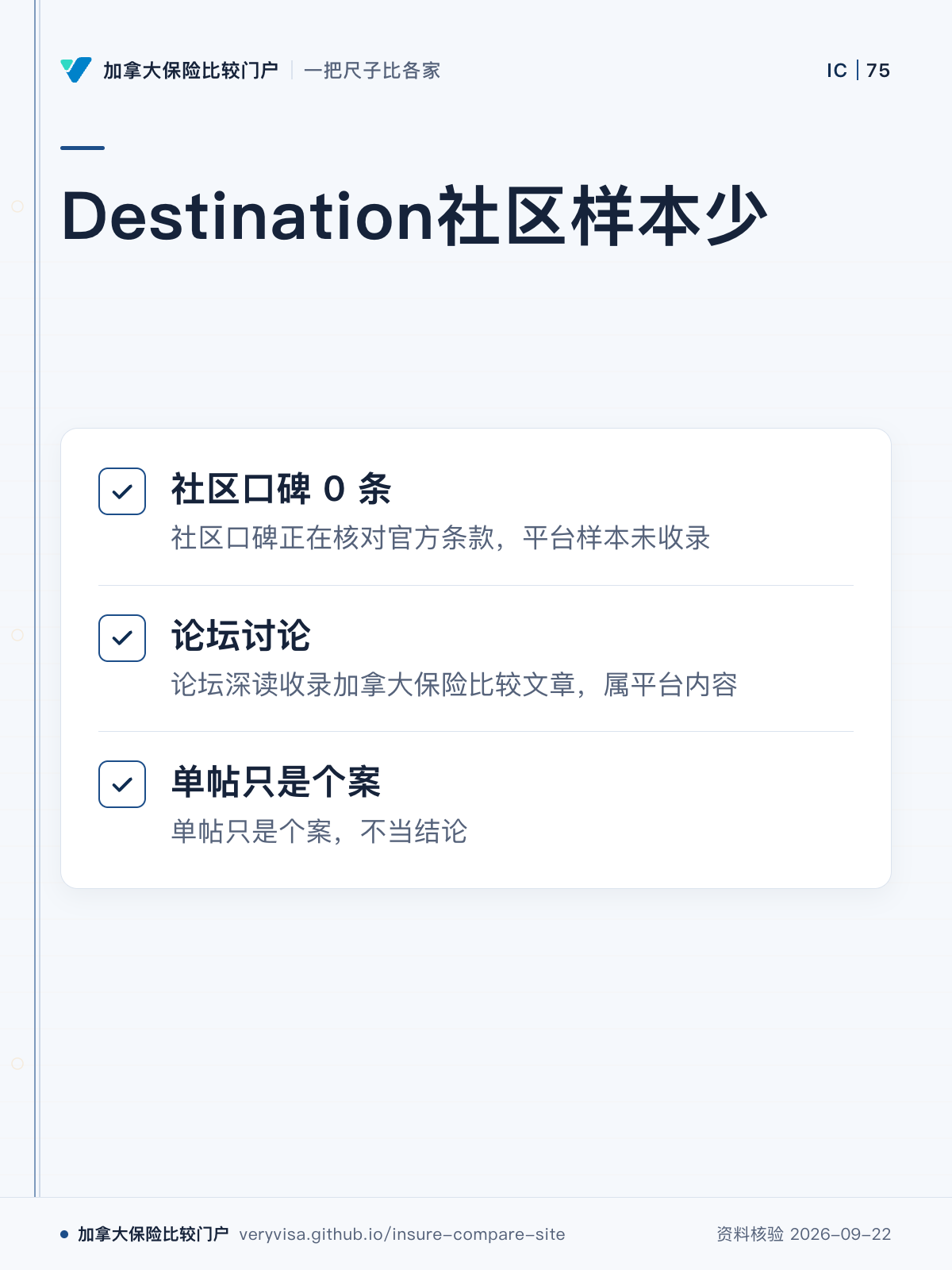 Destination社区样本少；社区口碑 0 条；论坛讨论；单帖只是个案