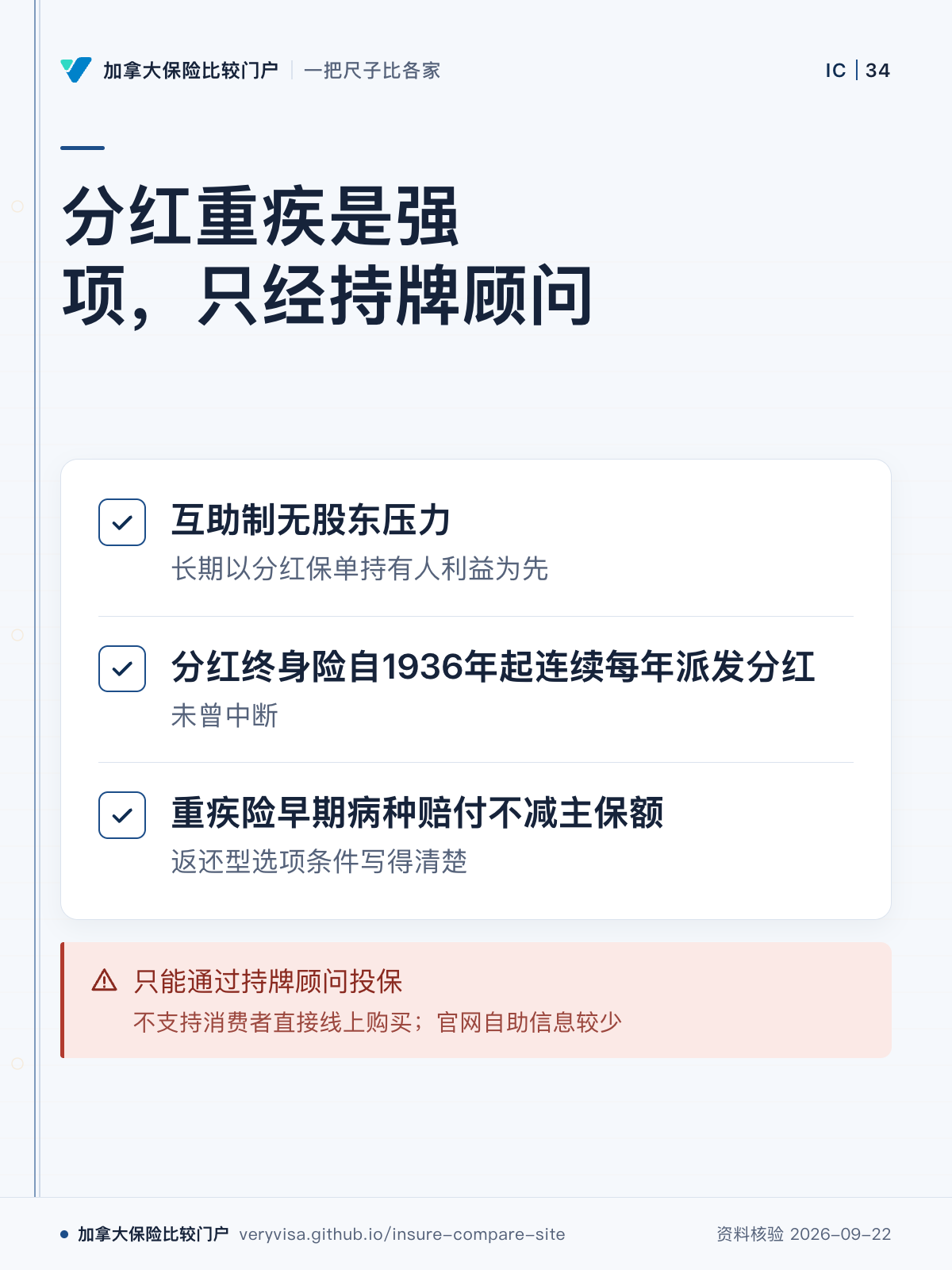 分红重疾是强项，只经持牌顾问；互助制无股东压力；分红终身险自1936年起连续每年派发分红；重疾险早期病种赔付不减主保额；只能通过持牌顾问投保