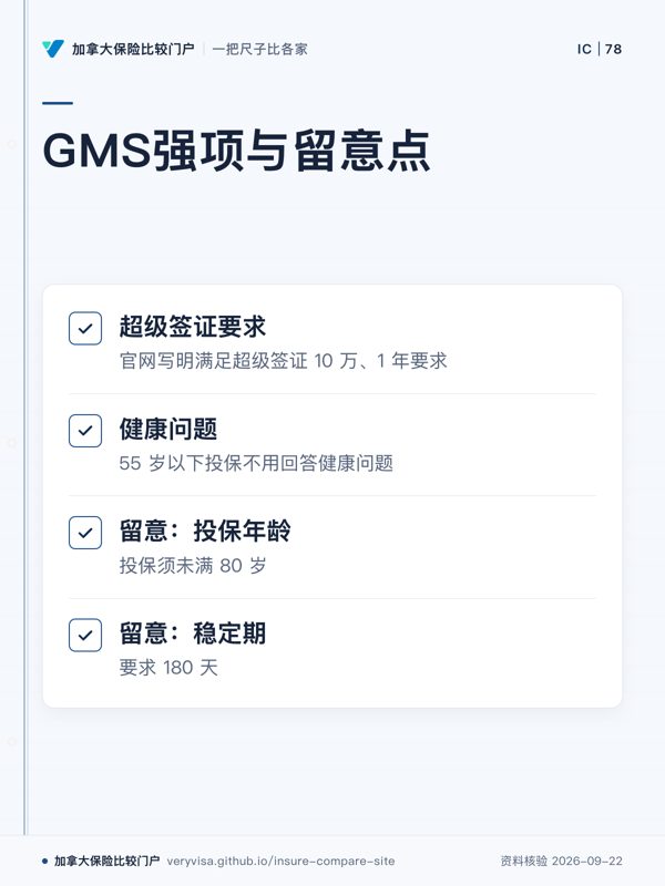 GMS强项与留意点；超级签证要求；健康问题；留意：投保年龄；留意：稳定期