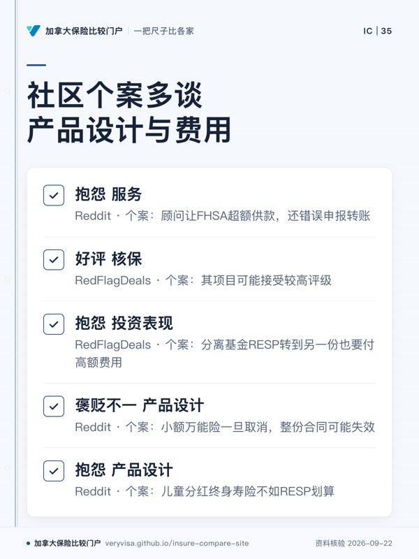 社区个案多谈产品设计与费用；抱怨 服务；好评 核保；抱怨 投资表现；褒贬不一 产品设计；抱怨 产品设计