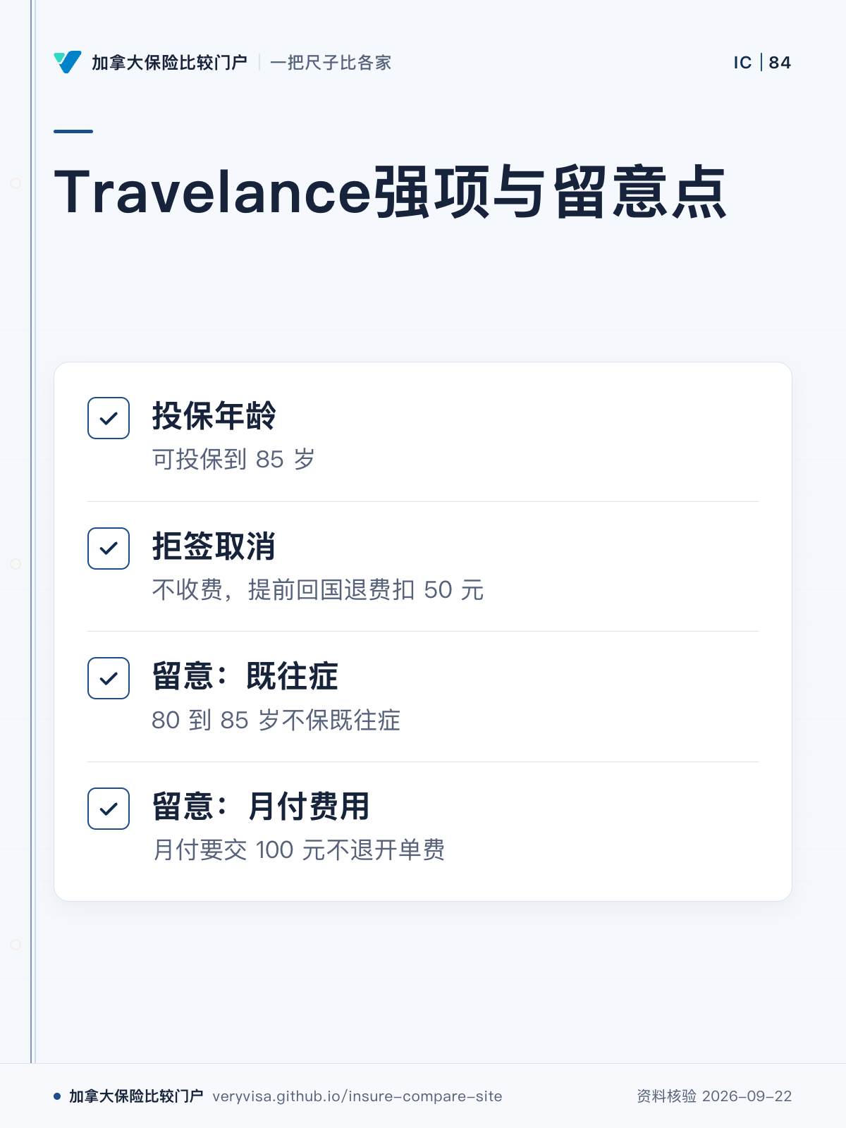 Travelance强项与留意点；投保年龄；拒签取消；留意：既往症；留意：月付费用