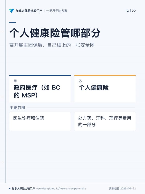 个人健康险管哪部分；离开雇主团保后，自己续上的一张安全网；政府医疗（如 BC 的 MSP）；个人健康险；主要范围