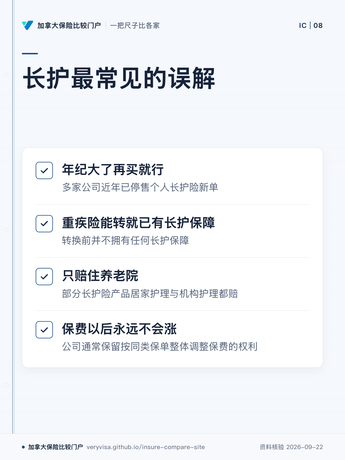 长护最常见的误解；年纪大了再买就行；重疾险能转就已有长护保障；只赔住养老院；保费以后永远不会涨