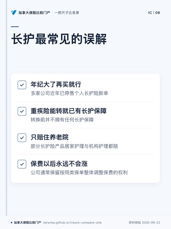 长护最常见的误解;年纪大了再买就行;重疾险能转就已有长护保障;只赔住养老院;保费以后永远不会涨