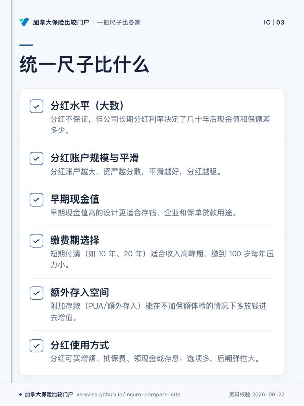 统一尺子比什么;分红水平(大致);分红账户规模与平滑;早期现金值;缴费期选择;额外存入空间;分红使用方式