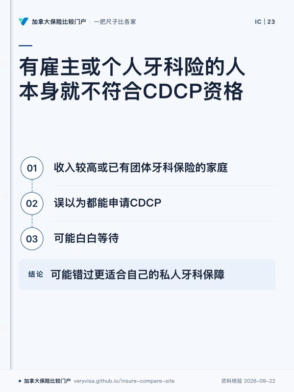 有雇主或个人牙科险的人本身就不符合CDCP资格;收入较高或已有团体牙科保险的家庭;误以为都能申请CDCP;可能白白等待;可能错过更适合自己的私人牙科保障
