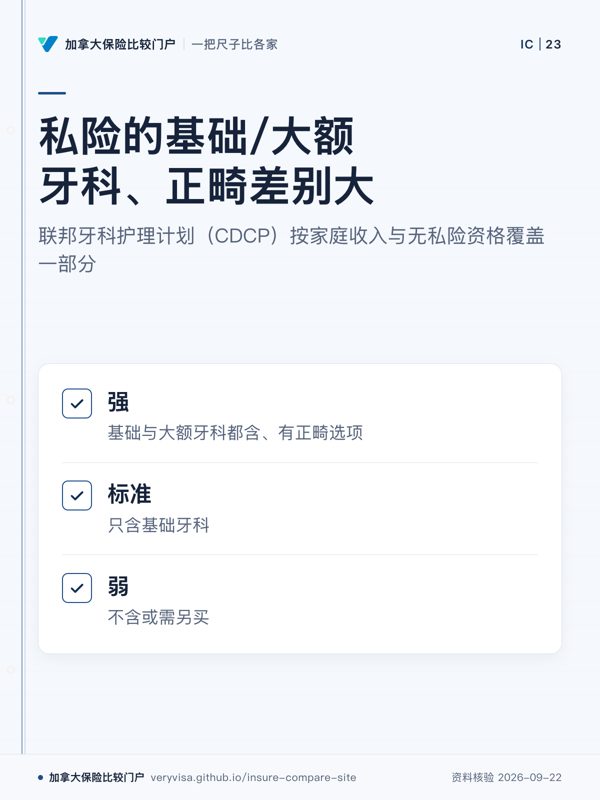 私险的基础/大额牙科、正畸差别大;联邦牙科护理计划(CDCP)按家庭收入与无私险资格覆盖一部分;强;标准;弱