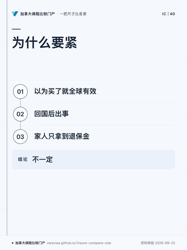 为什么要紧；以为买了就全球有效；回国后出事；家人只拿到退保金；不一定