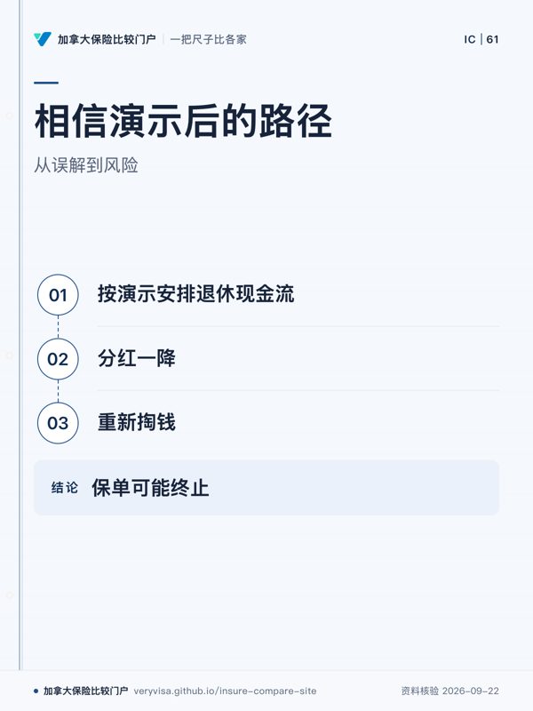 相信演示后的路径；从误解到风险；按演示安排退休现金流；分红一降；重新掏钱；保单可能终止