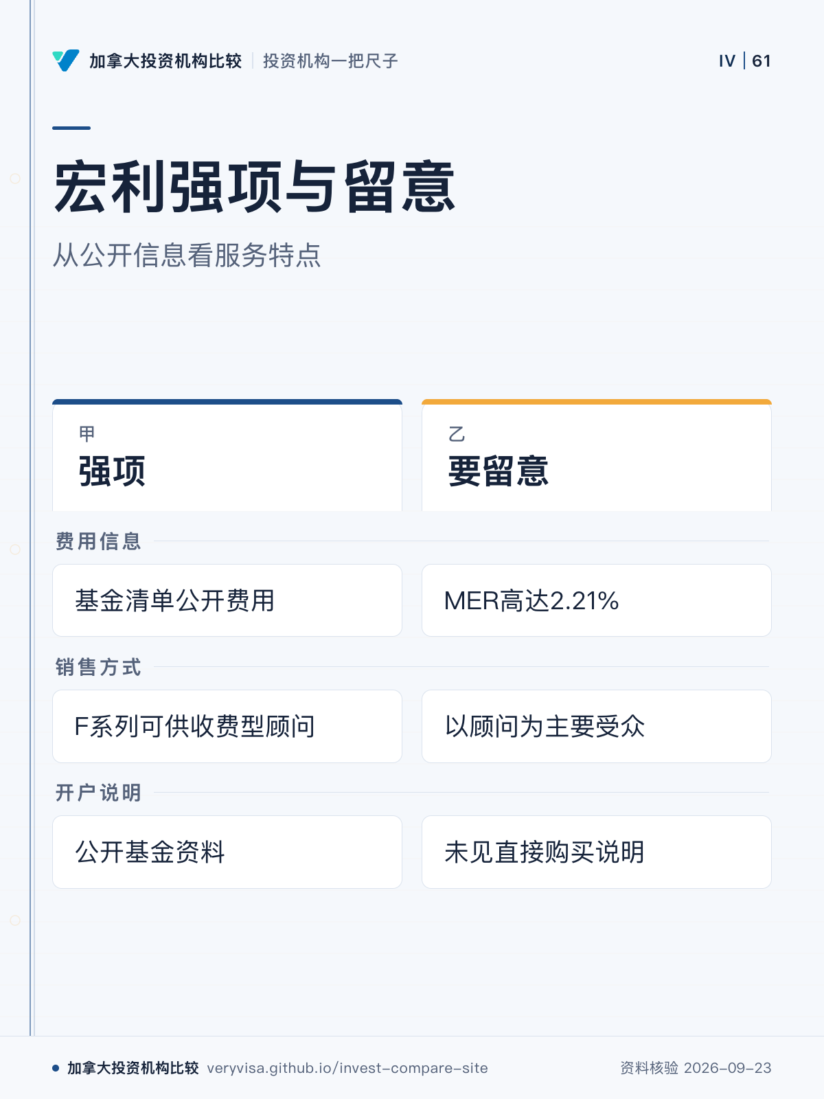 宏利强项与留意；从公开信息看服务特点；强项；要留意；费用信息；销售方式；开户说明
