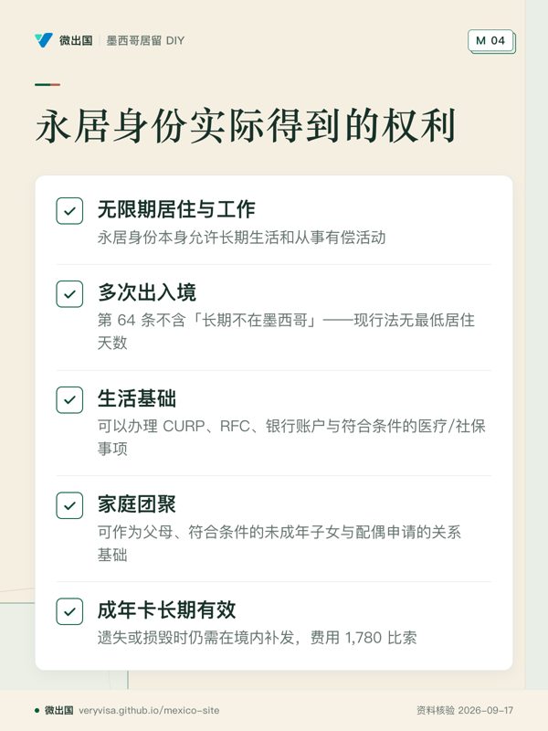 永居身份实际得到的权利;无限期居住与工作;多次出入境;生活基础;家庭团聚;成年卡长期有效