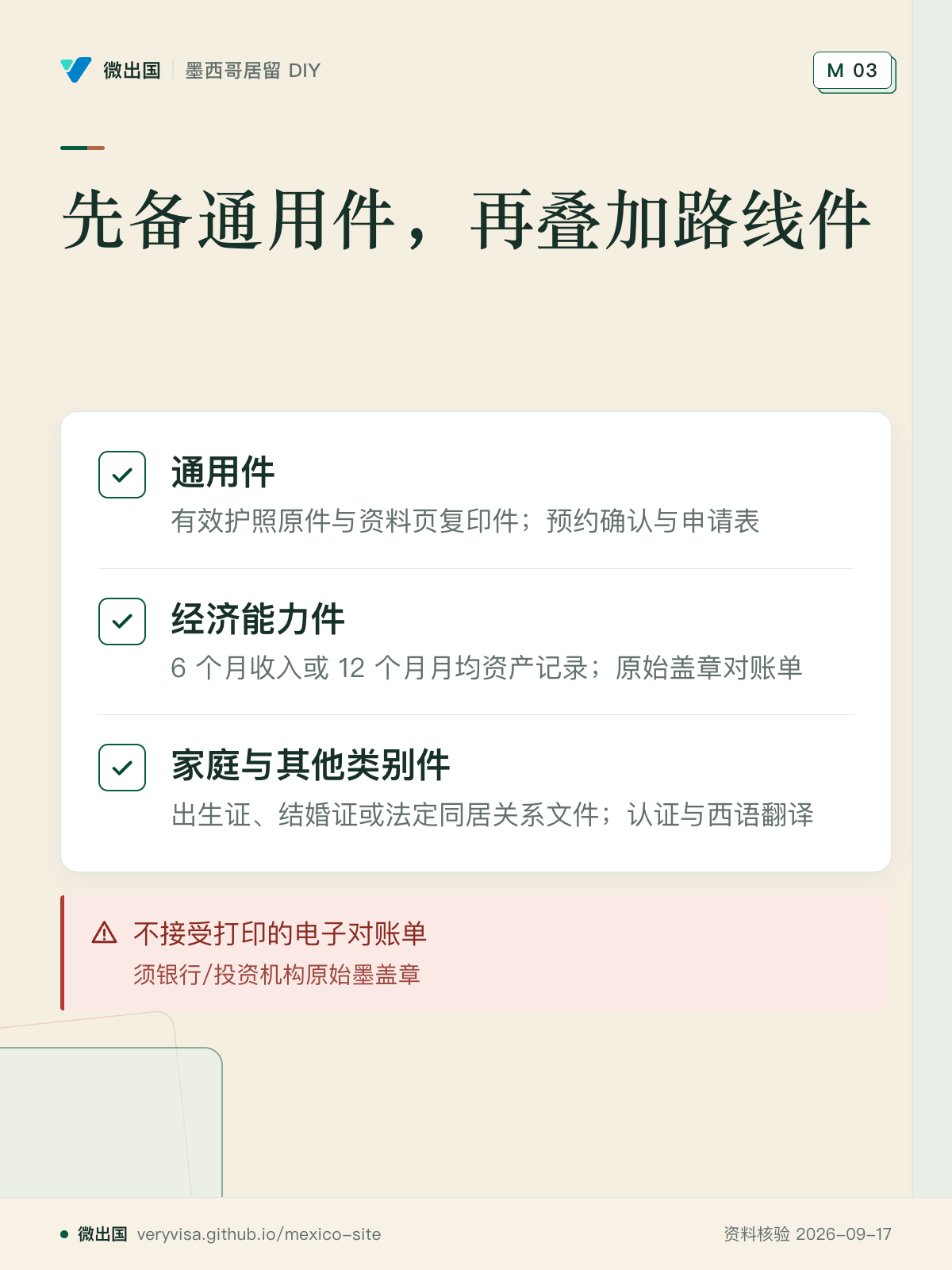 先备通用件，再叠加路线件；通用件；经济能力件；家庭与其他类别件；不接受打印的电子对账单