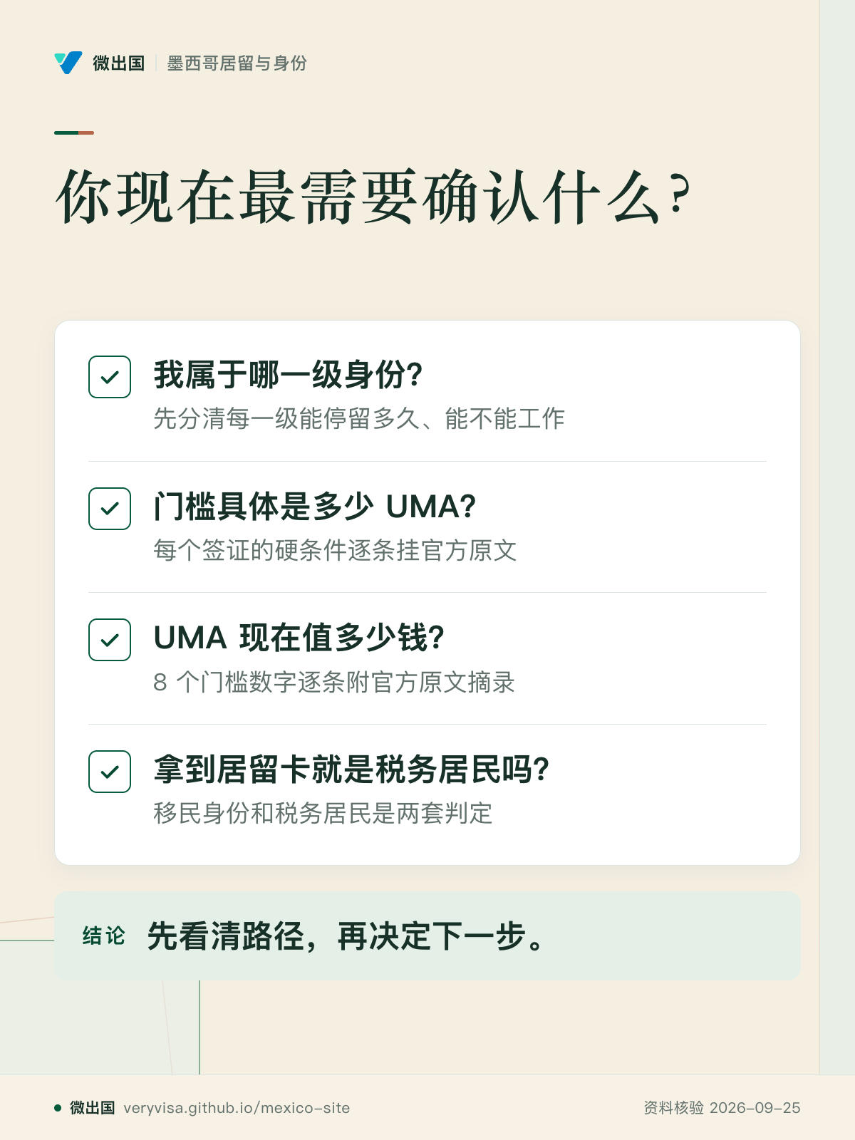 你现在最需要确认什么？；我属于哪一级身份？；门槛具体是多少 UMA？；UMA 现在值多少钱？；拿到居留卡就是税务居民吗？；先看清路径，再决定下一步。