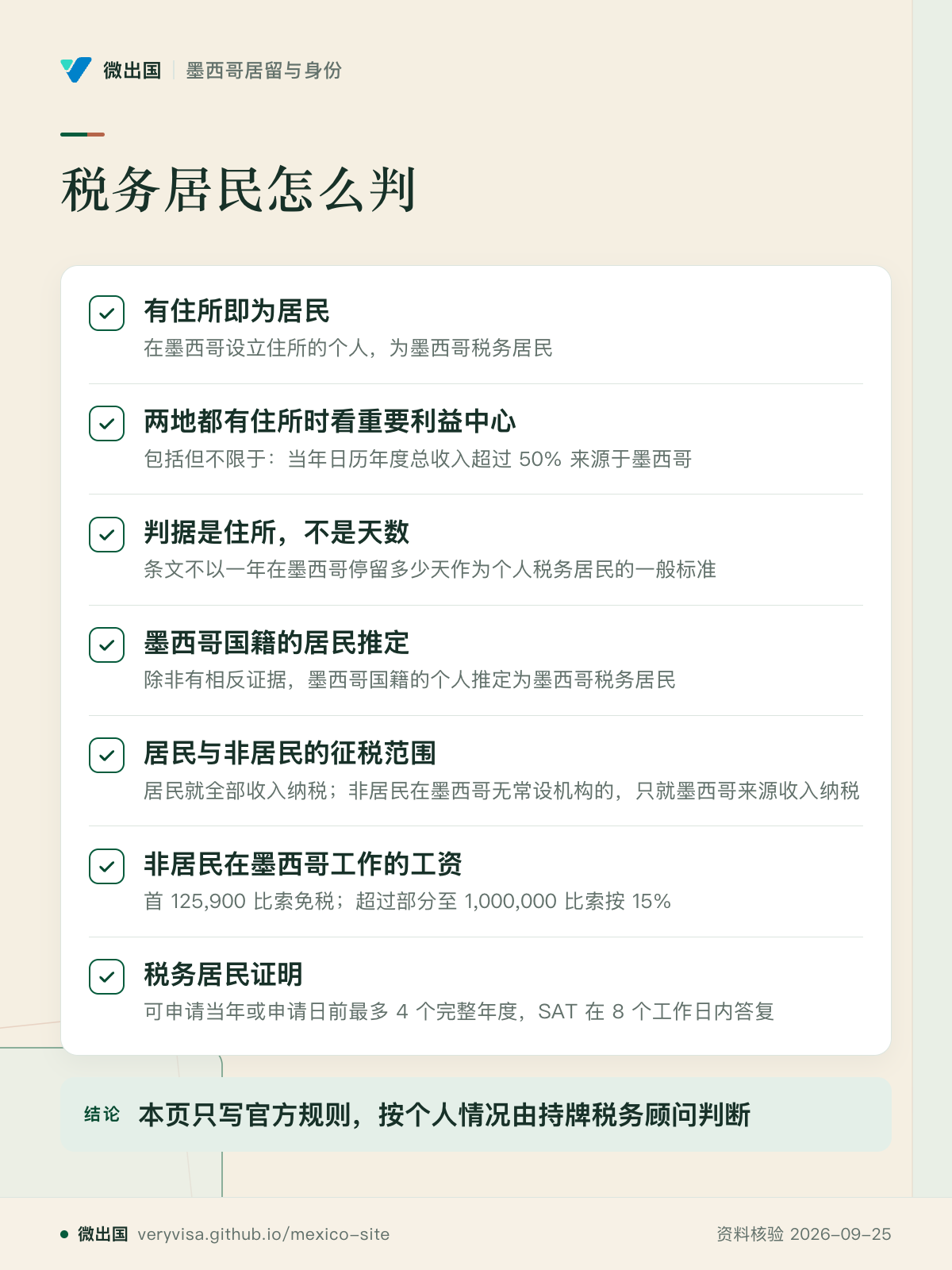 税务居民怎么判；有住所即为居民；两地都有住所时看重要利益中心；判据是住所，不是天数；墨西哥国籍的居民推定；居民与非居民的征税范围；非居民在墨西哥工作的工资；税务居民证明；本页只写官方规则，按个人情况由持牌税务顾问判断
