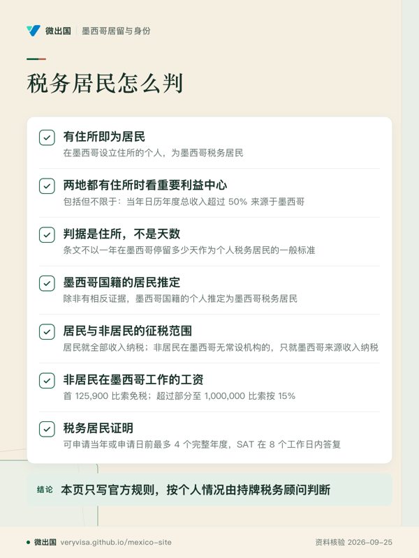 税务居民怎么判;有住所即为居民;两地都有住所时看重要利益中心;判据是住所,不是天数;墨西哥国籍的居民推定;居民与非居民的征税范围;非居民在墨西哥工作的工资;税务居民证明;本页只写官方规则,按个人情况由持牌税务顾问判断