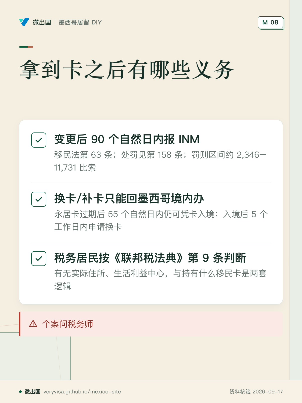 拿到卡之后有哪些义务；变更后 90 个自然日内报 INM；换卡/补卡只能回墨西哥境内办；税务居民按《联邦税法典》第 9 条判断；个案问税务师