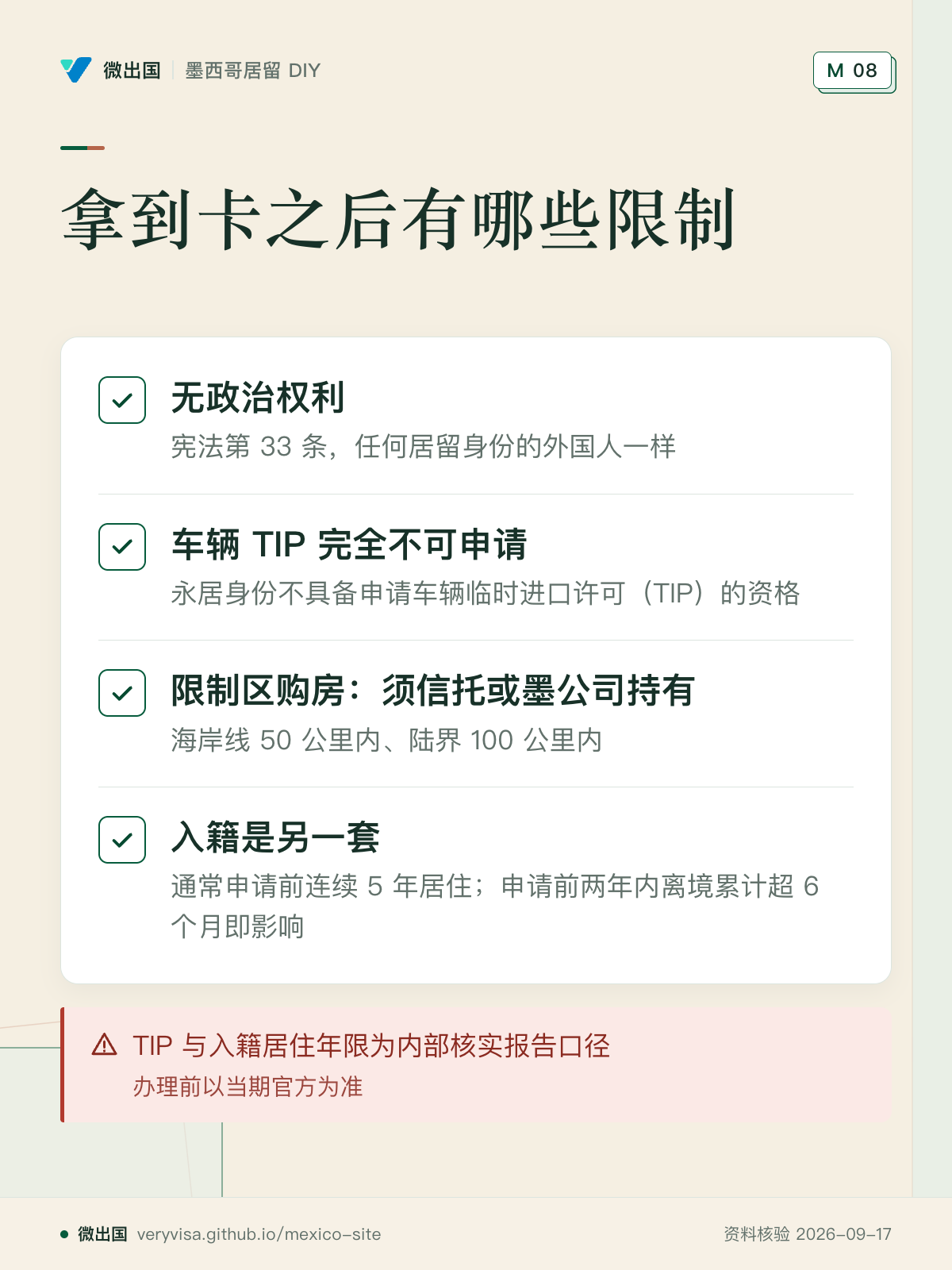 拿到卡之后有哪些限制；无政治权利；车辆 TIP 完全不可申请；限制区购房：须信托或墨公司持有；入籍是另一套；TIP 与入籍居住年限为内部核实报告口径