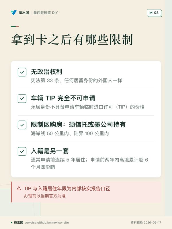 拿到卡之后有哪些限制;无政治权利;车辆 TIP 完全不可申请;限制区购房:须信托或墨公司持有;入籍是另一套;TIP 与入籍居住年限为内部核实报告口径