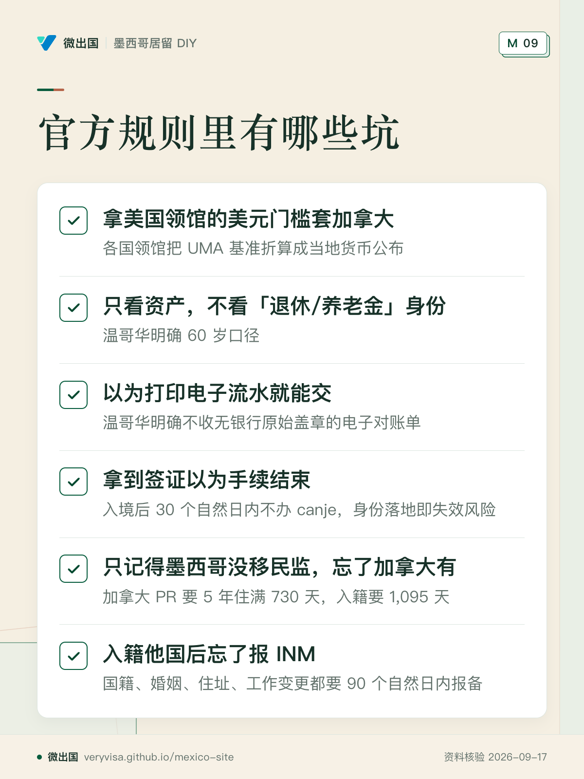 官方规则里有哪些坑；拿美国领馆的美元门槛套加拿大；只看资产，不看「退休/养老金」身份；以为打印电子流水就能交；拿到签证以为手续结束；只记得墨西哥没移民监，忘了加拿大有；入籍他国后忘了报 INM
