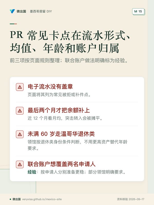PR 常见卡点在流水形式、均值、年龄和账户归属;前三项按页面规则整理;联合账户做法明确标为经验。;电子流水没有盖章;最后两个月才把余额补上;未满 60 岁走温哥华退休类;联合账户想覆盖两名申请人