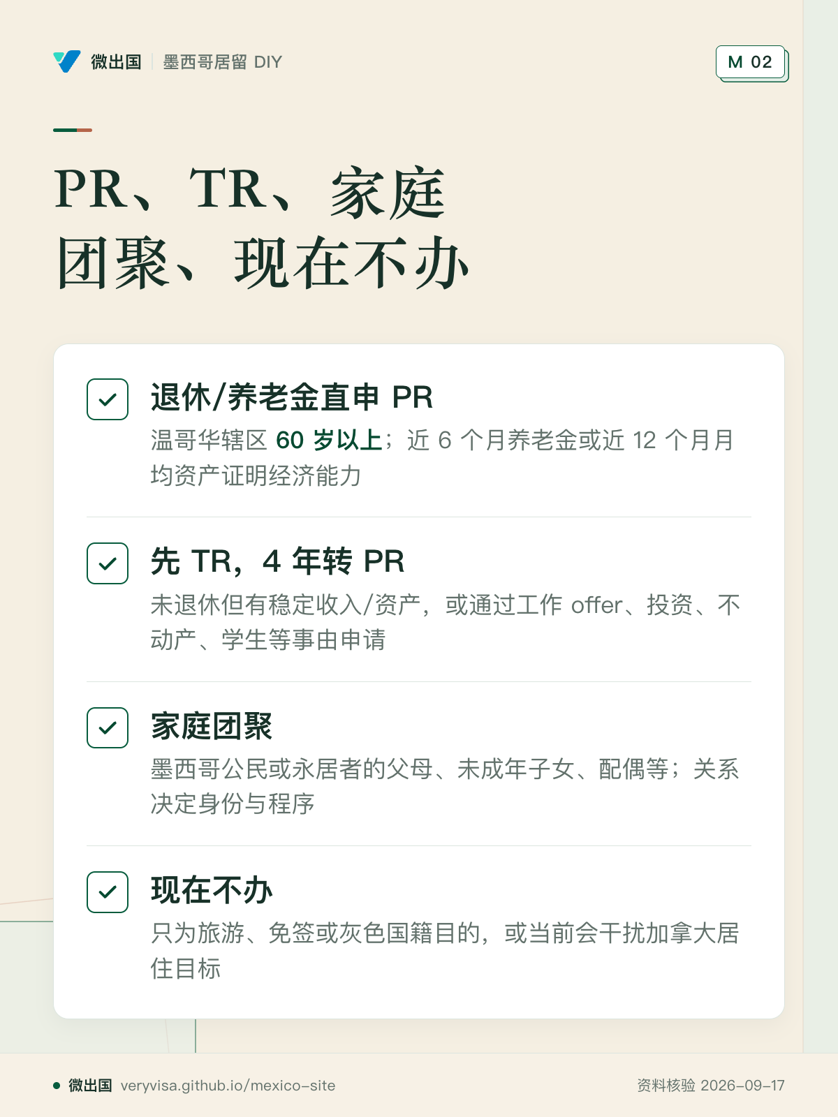 PR、TR、家庭团聚、现在不办；退休/养老金直申 PR；先 TR，4 年转 PR；家庭团聚；现在不办