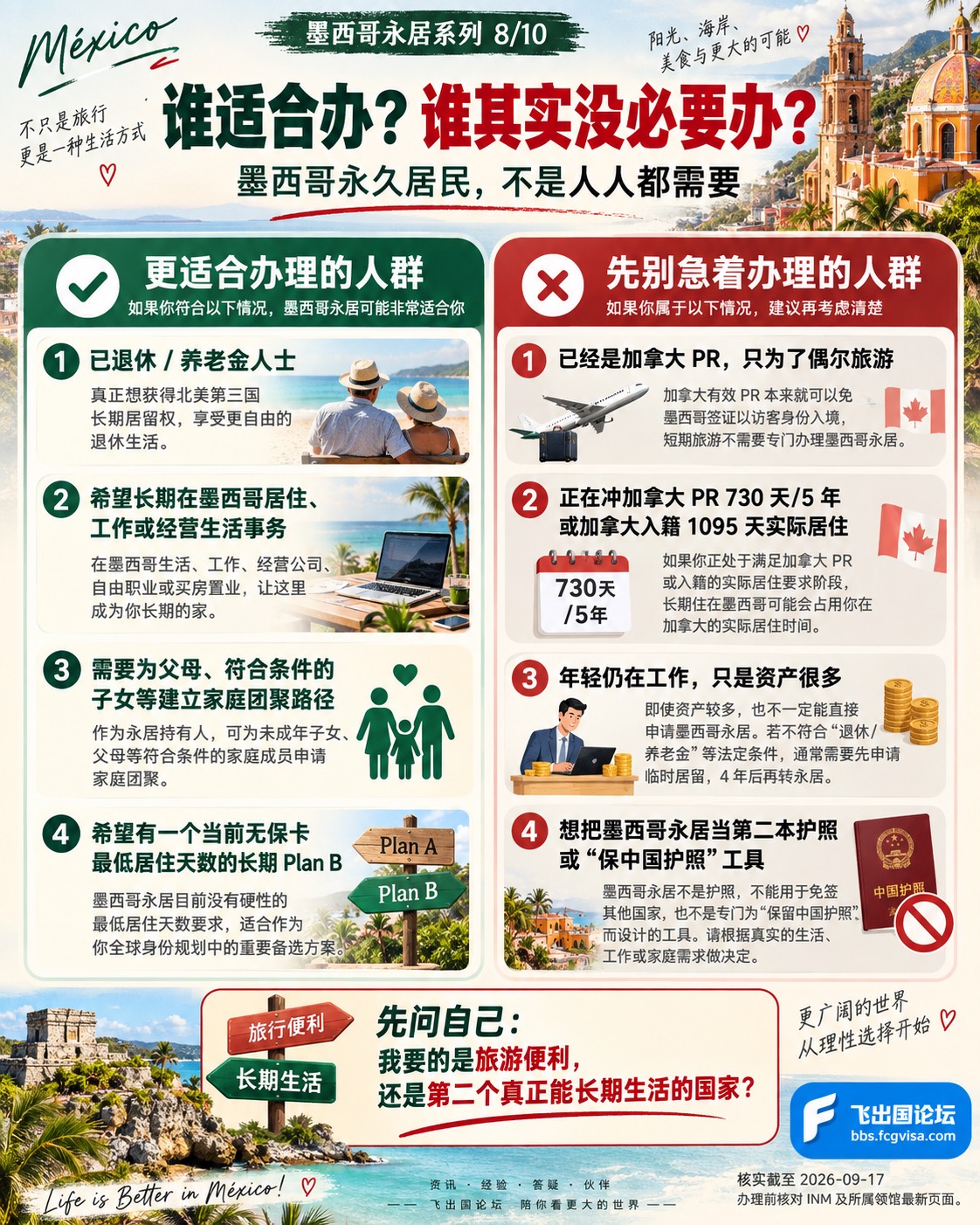 信息卡第 8 张：绿色区「更适合办理」——已退休/达养老金条件、计划长期在墨居住工作生活、家庭团聚在墨有亲属、想要低维护成本 Plan B；红色区「先别急着办」——已有加拿大 PR 只为去墨旅游、正在冲加拿大入籍居住天数、年轻仍工作只有资产、想多一本「免签身份」。底部自问：要的是通关便利，还是第二个能长期生活的落脚点？